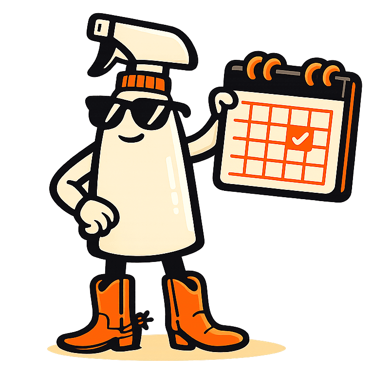Spray bottle mascot holding a calendar